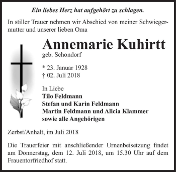 Traueranzeige von Annemarie Kuhirtt  von Magdeburger Volksstimme