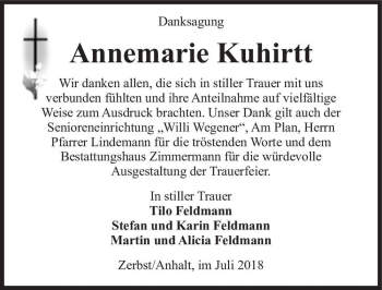 Traueranzeige von Annemarie Kuhirtt  von Magdeburger Volksstimme