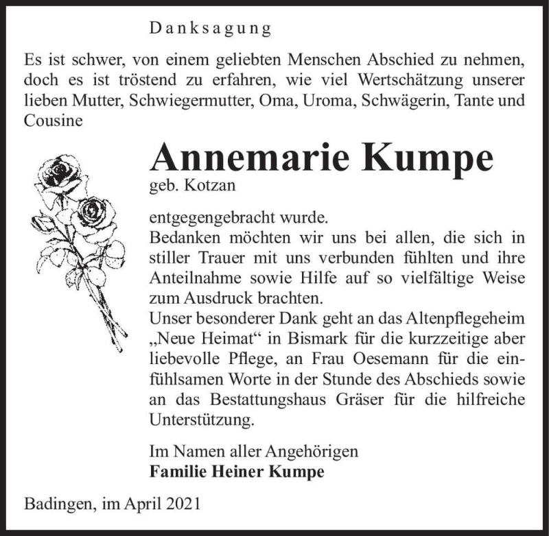  Traueranzeige für Annemarie Kumpe (geb. Kotzan)  vom 21.04.2021 aus Magdeburger Volksstimme