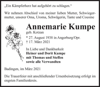 Traueranzeige von Annemarie Kumpe (geb. Kotzan)  von Magdeburger Volksstimme