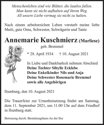 Traueranzeige von Annemarie Kuschmierz (Marliese)  von Magdeburger Volksstimme