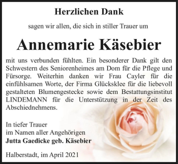 Traueranzeige von Annemarie Käsebier  von Magdeburger Volksstimme