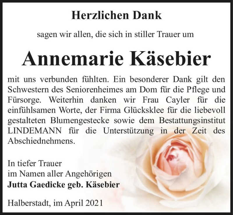  Traueranzeige für Annemarie Käsebier  vom 30.04.2021 aus Magdeburger Volksstimme