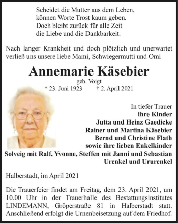 Traueranzeige von Annemarie Käsebier (geb. Voigt)  von Magdeburger Volksstimme
