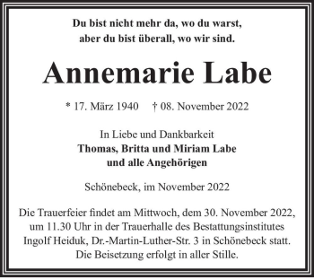 Traueranzeige von Annemarie Labe  von Magdeburger Volksstimme