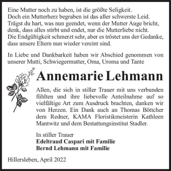 Traueranzeige von Annemarie Lehmann  von Magdeburger Volksstimme