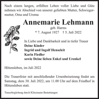 Traueranzeige von Annemarie Lehmann (geb. Harms)  von Magdeburger Volksstimme
