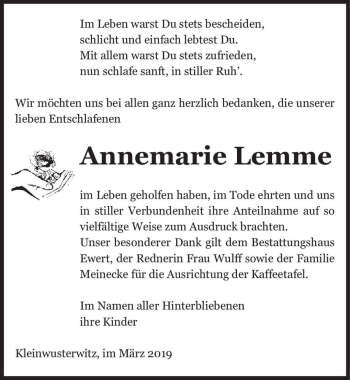 Traueranzeige von Annemarie Lemme  von Magdeburger Volksstimme