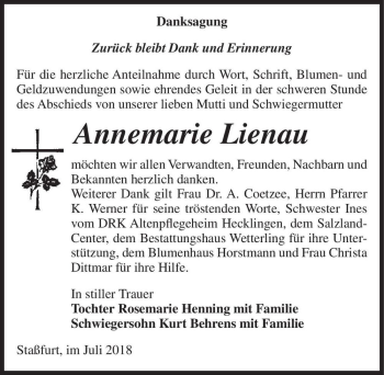 Traueranzeige von Annemarie Lienau  von Magdeburger Volksstimme