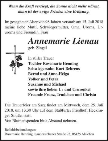 Traueranzeige von Annemarie Lienau (geb. Zingel)  von Magdeburger Volksstimme