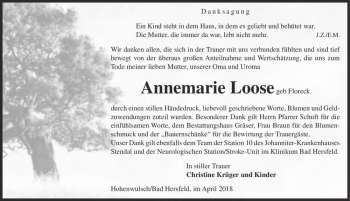 Traueranzeige von Annemarie Loose (geb. Floreck)  von Magdeburger Volksstimme