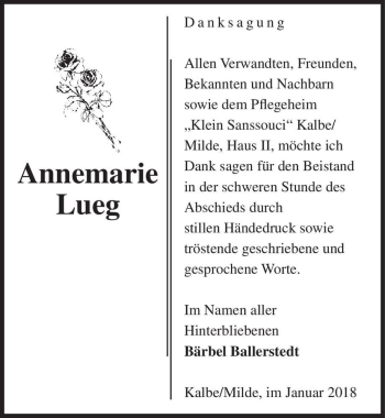 Traueranzeige von Annemarie Lueg  von Magdeburger Volksstimme
