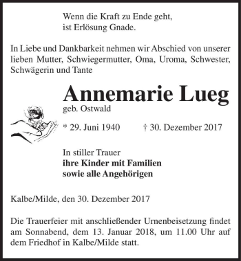 Traueranzeige von Annemarie Lueg (geb. Ostwald)  von Magdeburger Volksstimme