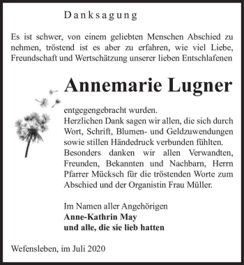 Traueranzeige von Annemarie Lugner  von Magdeburger Volksstimme