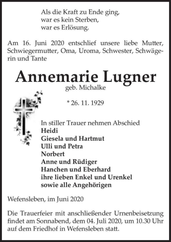 Traueranzeige von Annemarie Lugner (geb. Michalke)  von Magdeburger Volksstimme