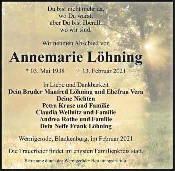 Traueranzeige von Annemarie Löhning  von Magdeburger Volksstimme