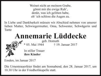 Traueranzeige von Annemarie Lüddecke (geb. Homuth)  von Magdeburger Volksstimme