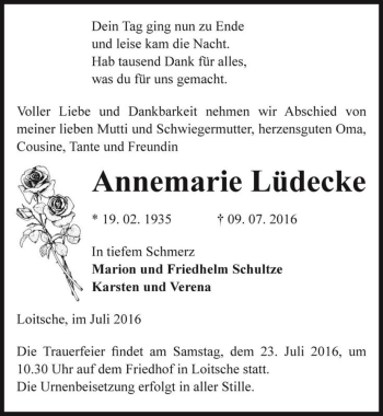 Traueranzeige von Annemarie Lüdecke  von Magdeburger Volksstimme