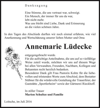 Traueranzeige von Annemarie Lüdecke  von Magdeburger Volksstimme