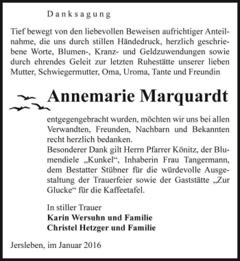 Traueranzeige von Annemarie Marquardt  von Magdeburger Volksstimme