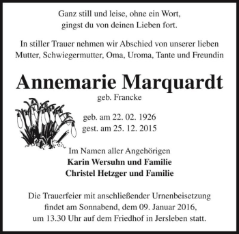 Traueranzeige von Annemarie Marquardt (geb. Francke)  von Magdeburger Volksstimme