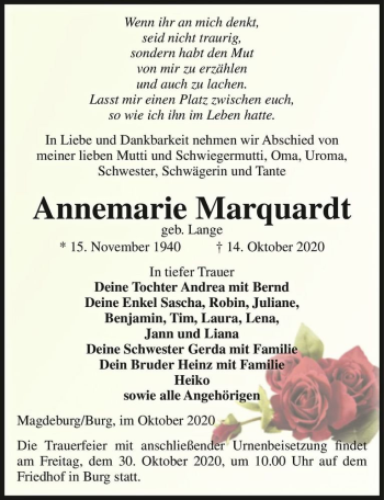 Traueranzeige von Annemarie Marquardt (geb. Lange)  von Magdeburger Volksstimme