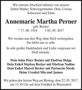 Traueranzeige von Annemarie Martha Perner (geb. Becker)  von Magdeburger Volksstimme