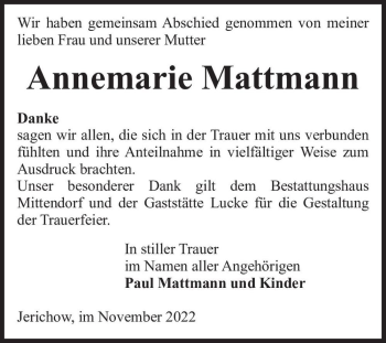 Traueranzeige von Annemarie Mattmann  von Magdeburger Volksstimme