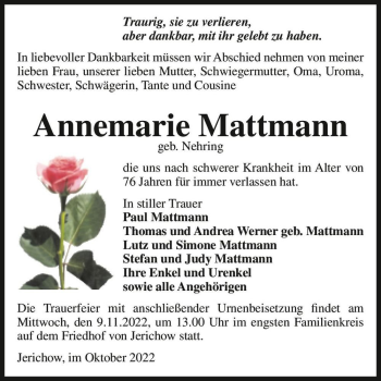 Traueranzeige von Annemarie Mattmann (geb. Nehring)  von Magdeburger Volksstimme