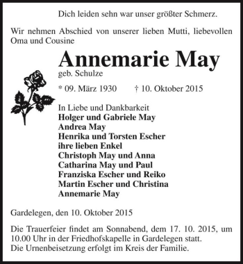 Traueranzeige von Annemarie May (geb. Schulze)  von Magdeburger Volksstimme