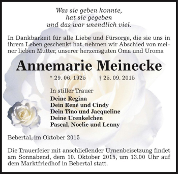 Traueranzeige von Annemarie Meinecke  von Magdeburger Volksstimme