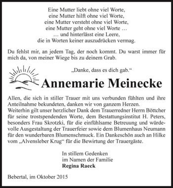 Traueranzeige von Annemarie Meinecke  von Magdeburger Volksstimme