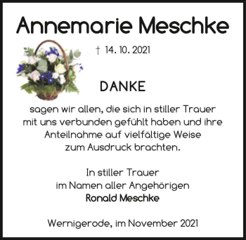 Traueranzeige von Annemarie Meschke  von Magdeburger Volksstimme