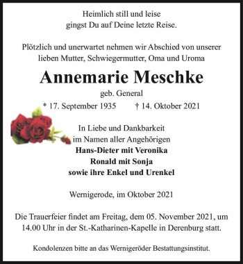 Traueranzeige von Annemarie Meschke (geb. General)  von Magdeburger Volksstimme