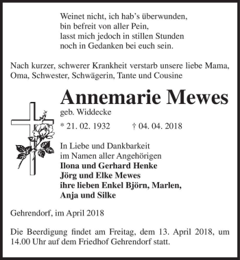 Traueranzeige von Annemarie Mewes (geb. Widdecke)  von Magdeburger Volksstimme