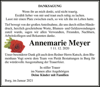 Traueranzeige von Annemarie Meyer  von Magdeburger Volksstimme