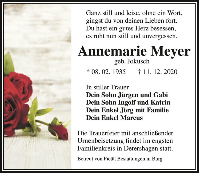  Traueranzeige für Annemarie Meyer (geb. Jokusch)  vom 19.12.2020 aus Magdeburger Volksstimme