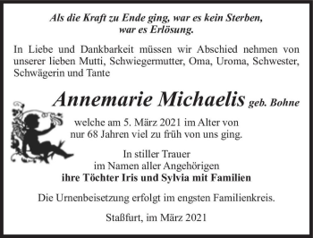 Traueranzeige von Annemarie Michaelis (geb. Bohne)  von Magdeburger Volksstimme