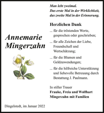 Traueranzeige von Annemarie Mingerzahn  von Magdeburger Volksstimme