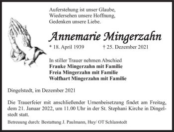 Traueranzeige von Annemarie Mingerzahn  von Magdeburger Volksstimme