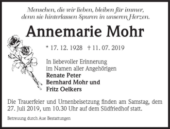 Traueranzeige von Annemarie Mohr  von Magdeburger Volksstimme