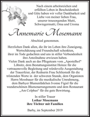 Traueranzeige von Annemarie Mosemann  von Magdeburger Volksstimme