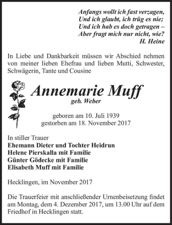 Traueranzeige von Annemarie Muff (geb. Weber)  von Magdeburger Volksstimme