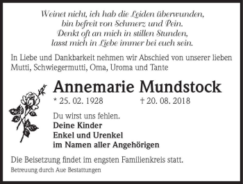 Traueranzeige von Annemarie Mundstock  von Magdeburger Volksstimme
