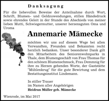 Traueranzeige von Annemarie Mämecke  von Magdeburger Volksstimme