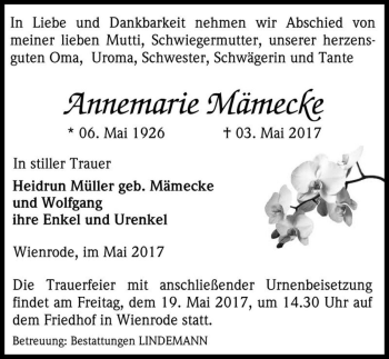 Traueranzeige von Annemarie Mämecke  von Magdeburger Volksstimme