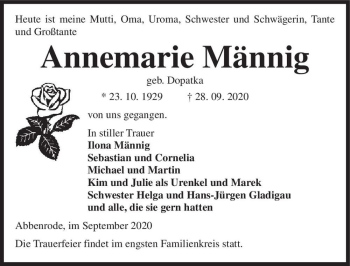 Traueranzeige von Annemarie Männig (geb. Dopatka)  von Magdeburger Volksstimme