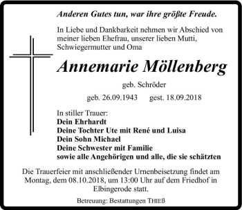 Traueranzeige von Annemarie Möllenberg (geb. Schröder)  von Magdeburger Volksstimme