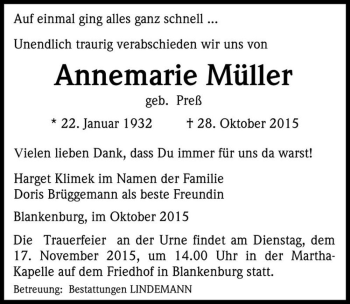 Traueranzeige von Annemarie Müller (geb. Preß)  von Magdeburger Volksstimme