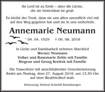 Traueranzeige von Annemarie Neumann  von Magdeburger Volksstimme